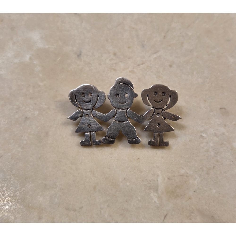 Vintage Mexican Sterling Silver 3 Children Brooch 2 Girls 1 Boy